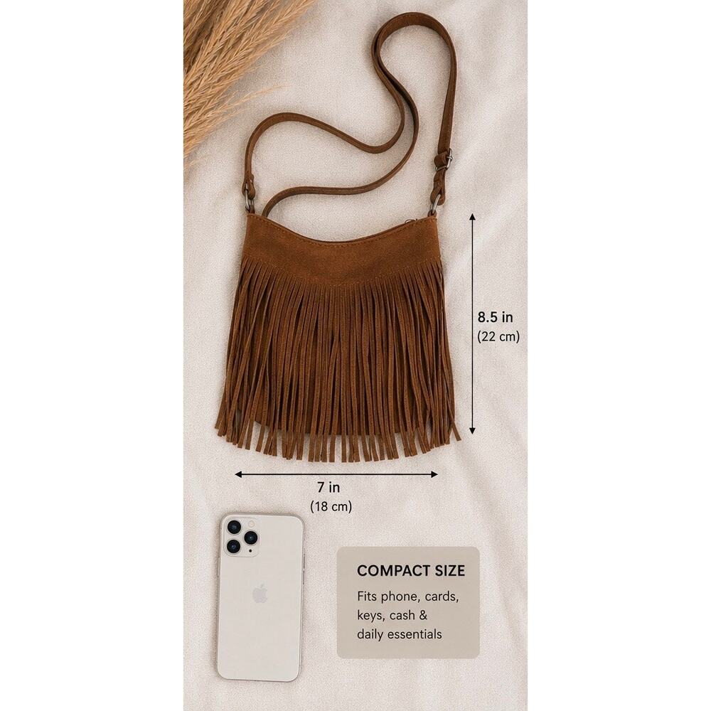 Boho Fringe Small Crossbody Bag Cognac Brown Concert Festival Western Purse NWT - Picture 4 of 10